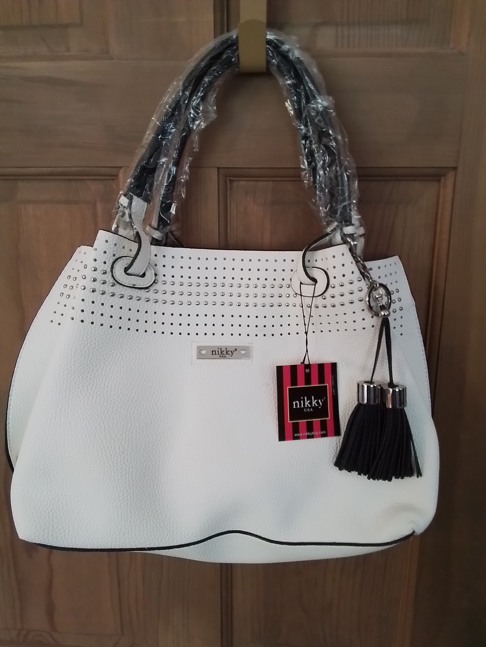 White Tote Bag/handbag with Black Tassel Accent By NIKKY USA